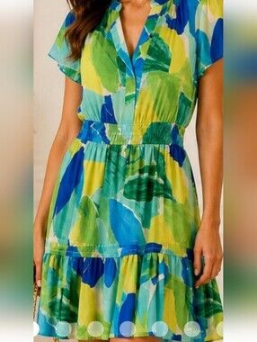 Nicole Miller New York Abstract Blue & Green Mini Dress   Size L